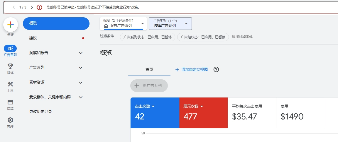 Google Ads新账户审核受限导致预算无法正常消耗