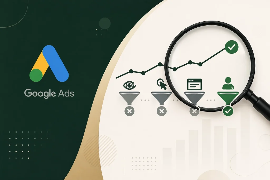 Google Ads效果差原因分析：曝光点击转化漏斗示意图