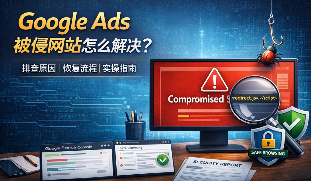 Google Ads被侵网站怎么解决示意图，包含跳转JS排查、恶意脚本检测和网站安全恢复流程